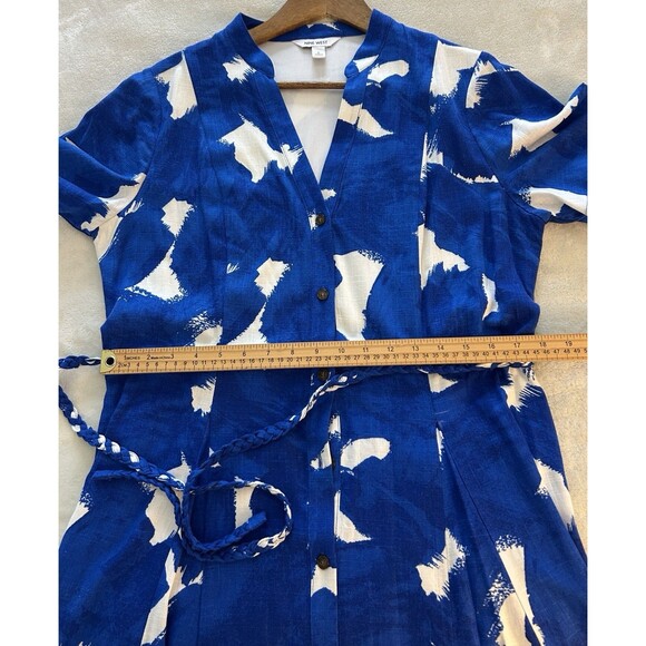 9 West Dress Large Linen Blend Button Front Blue White Resort Coastal Vacation - Picture 11 of 14